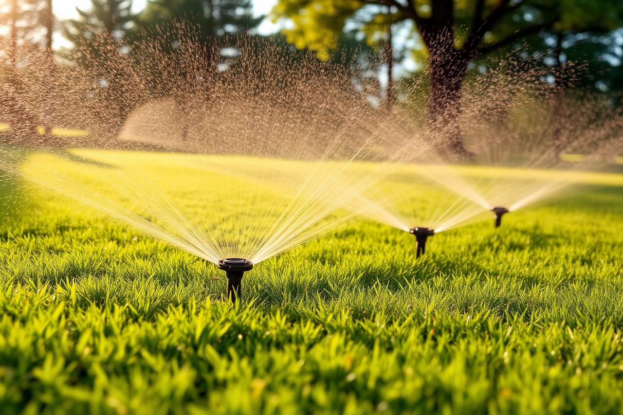 Pop-up sprinkler heads watering a healthy green lawn in the late afternoon sun